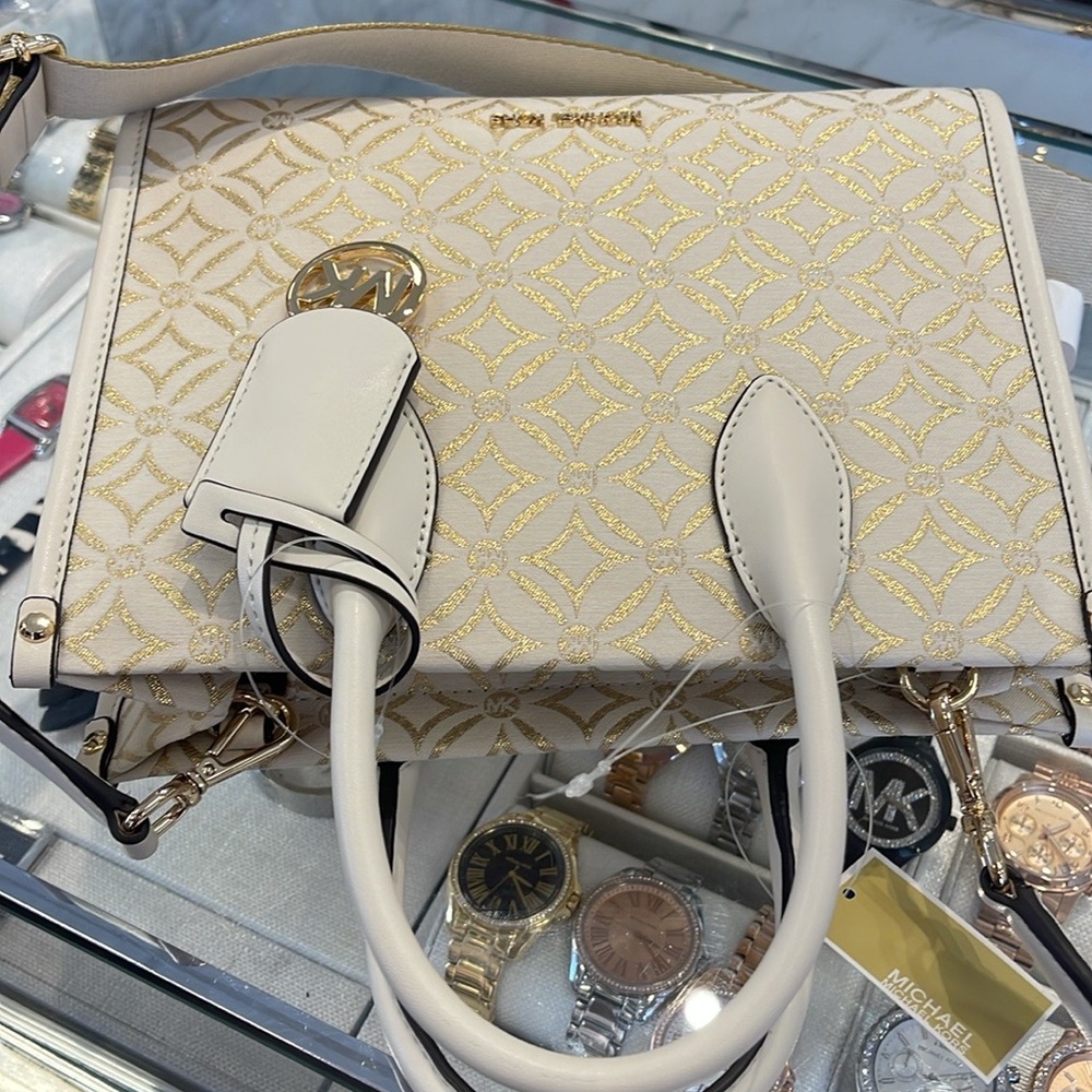 Michael Kors Mirella Small Metallic Logo Jacquard Crossbody Bag
Light Cream 
NWT - Picture 13 of 16